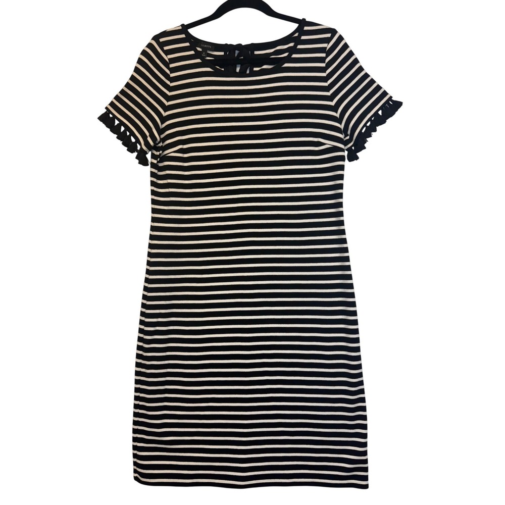 Talbots Black White Striped Tassel‎ Sleeve Shift Dress Size M Keyhole Tie Back